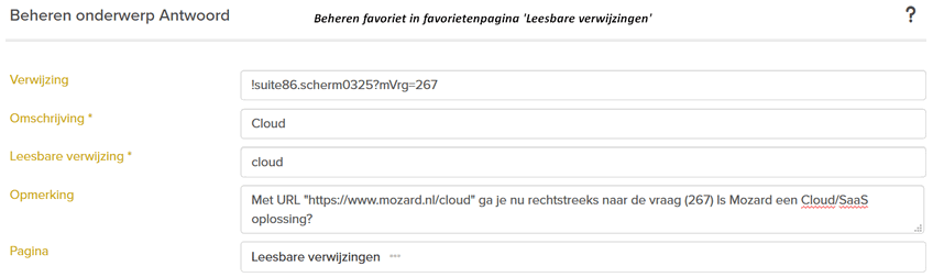 Het scherm Beheren onderwerp Antwoord met de kop Beheren favoriet in favorietenpagina 'Leesbare verwijzingen' en de velden Verwijzing, Omschrijving, Leesbare verwijzing, Opmerking en Pagina.