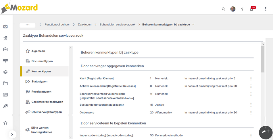 Het scherm Zaaktype Behandelen serviceverzoek met links het tabmenu Algemeen, Documenttypen, Kenmerktypen, Statustypen, Resultaattypen, Gerelateerde zaaktypen, Deel-vervolgzaaktypen en Bij te werken bronregistraties, en rechts het blok Beheren kenmerktypen bij zaaktype met de koppen Door aanvrager opgegeven kenmerken en Door serviceteam te bepalen kenmerken, met per regel de naam, de sorteerprioriteit, het formaat en de sorteerprioriteit bij de naam van de zaak.