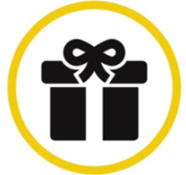 Het kadootje: een geel omlijnd rond icoon met een zwart cadeaupakje met strik.