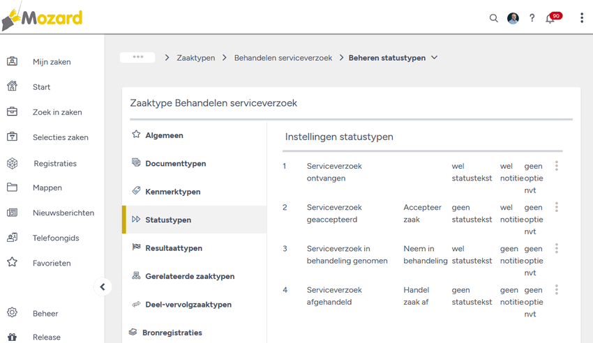 Het scherm Beheren statustypen: links het hoofdmenu, in het midden het zaaktype Behandelen serviceverzoek met de blokken Algemeen, Documenttypen, Kenmerktypen, Statustypen, Resultaattypen, Gerelateerde zaaktypen, Deel-vervolgzaaktypen en Bronregistraties, en rechts het blok Instellingen statustypen met per status de statusnaam, de naam van de knop, en of er een statustekst, notitietekst en optie nvt is.