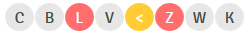 De documentregelrondjes op een rij: C, B, L (rood), V, een geel rondje met een pijltje naar links, Z (rood), W en K.